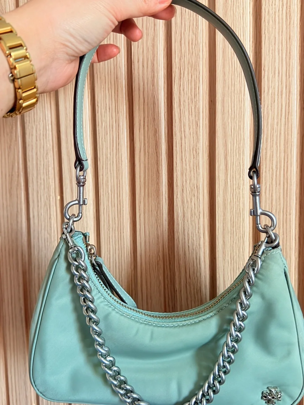 Tory Burch Mint Green Mini Shoulder Bag with Silver Chain